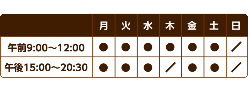 午前9:00～12:00 午後15:00～20:30